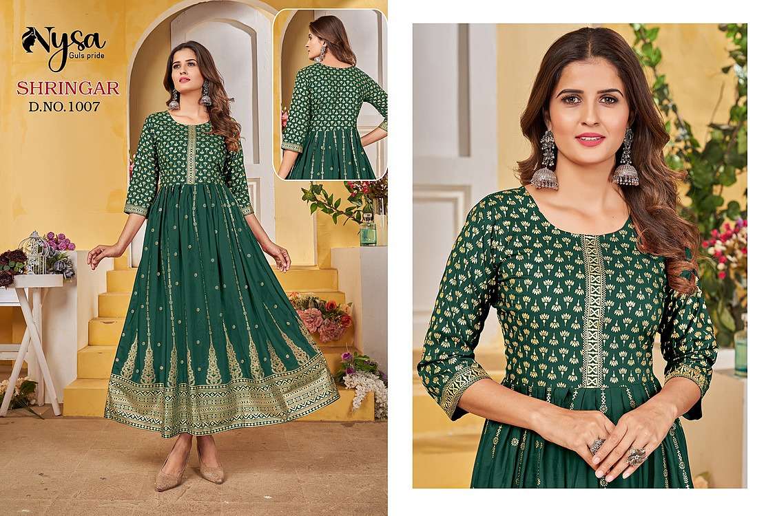 SHRINGAR BY NYSA 1001 TO 1007 SERIES DESIGNER STYLISH FANCY COLORFUL BEAUTIFUL PARTY WEAR & ETHNIC WEAR COLLECTION RAYON FOIL PRINT GOWNS AT WHOLESALE PRICE