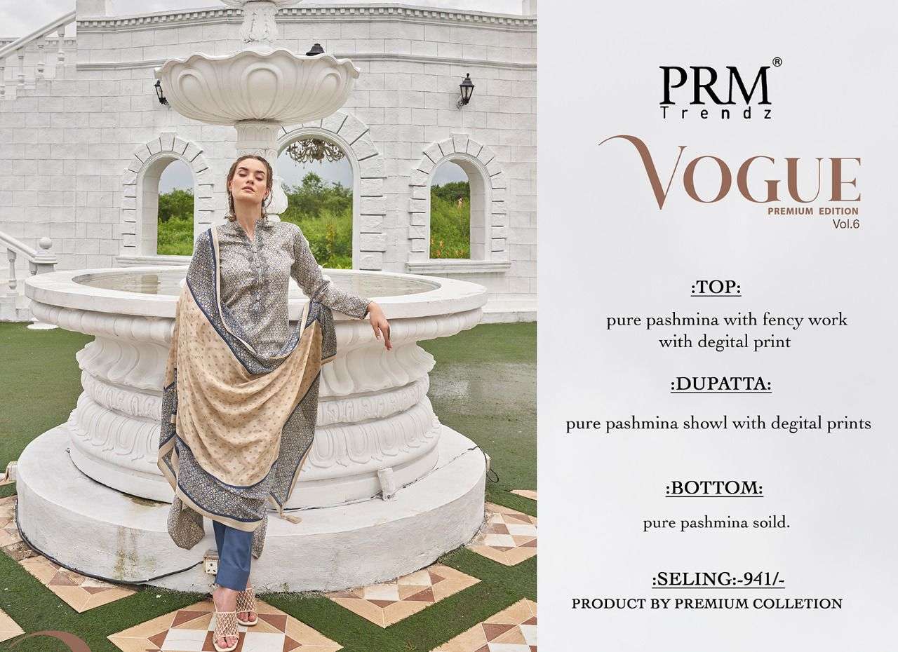 VOGUE VOL-6 BY PRM TRENDZ 3534 TO 3543 SERIES BEAUTIFUL SUITS COLORFUL STYLISH FANCY CASUAL WEAR & ETHNIC WEAR PURE PASHMINA PRINT DRESSES AT WHOLESALE PRICE