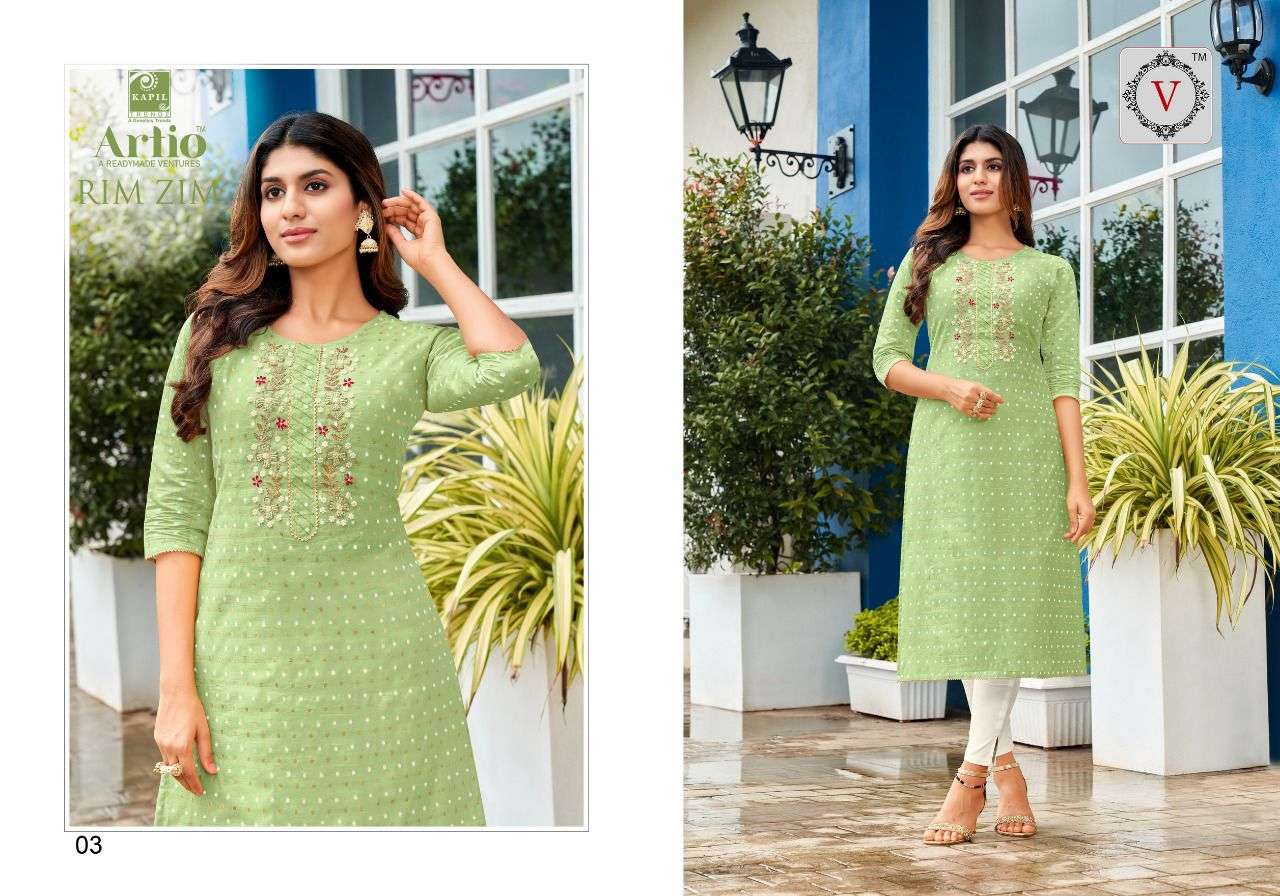 RIM ZIM BY ARTIO 01 TO 06 SERIES DESIGNER STYLISH FANCY COLORFUL BEAUTIFUL PARTY WEAR & ETHNIC WEAR COLLECTION MODAL SILK KURTIS AT WHOLESALE PRICE