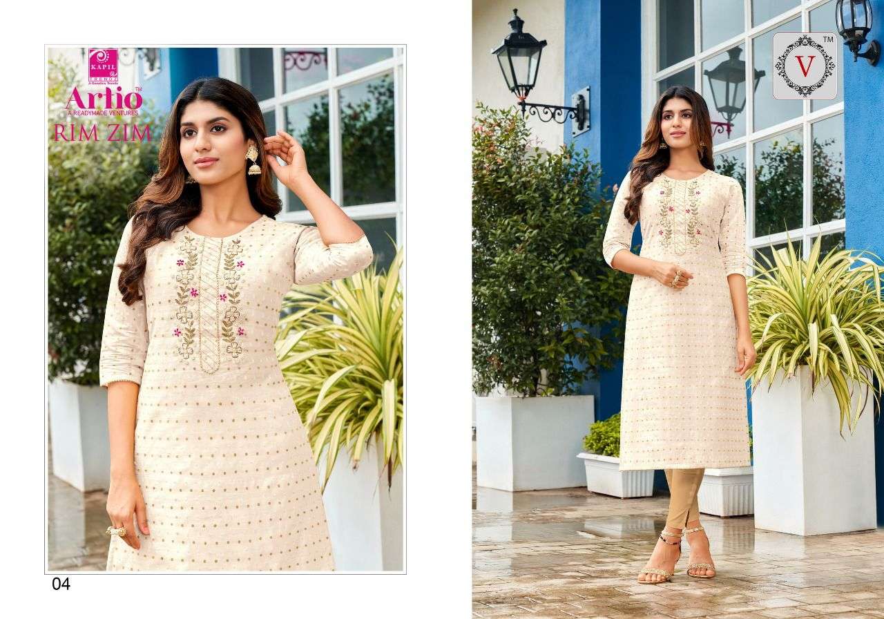 RIM ZIM BY ARTIO 01 TO 06 SERIES DESIGNER STYLISH FANCY COLORFUL BEAUTIFUL PARTY WEAR & ETHNIC WEAR COLLECTION MODAL SILK KURTIS AT WHOLESALE PRICE
