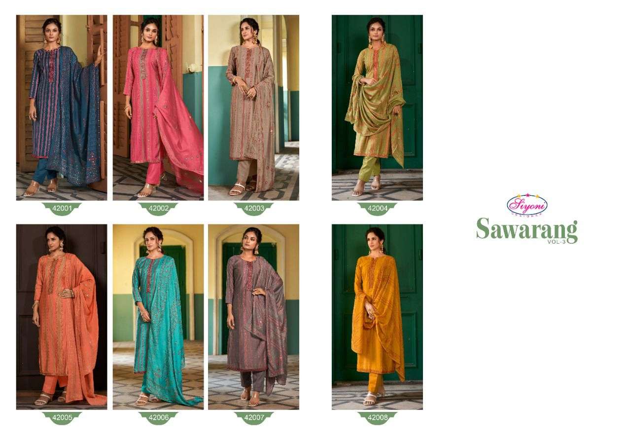 SAWARANG VOL-3 BY SIYONI 42001 TO 42008 SERIES BEAUTIFUL SUITS COLORFUL STYLISH FANCY CASUAL WEAR & ETHNIC WEAR SILK PRINT DRESSES AT WHOLESALE PRICE