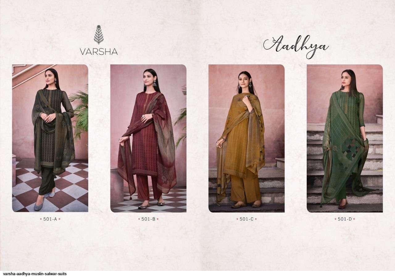 AADHYA BY VARSHA 501-A TO 501-D SERIES BEAUTIFUL SUITS COLORFUL STYLISH FANCY CASUAL WEAR & ETHNIC WEAR PURE MUSLIN DIGITAL PRINT DRESSES AT WHOLESALE PRICE