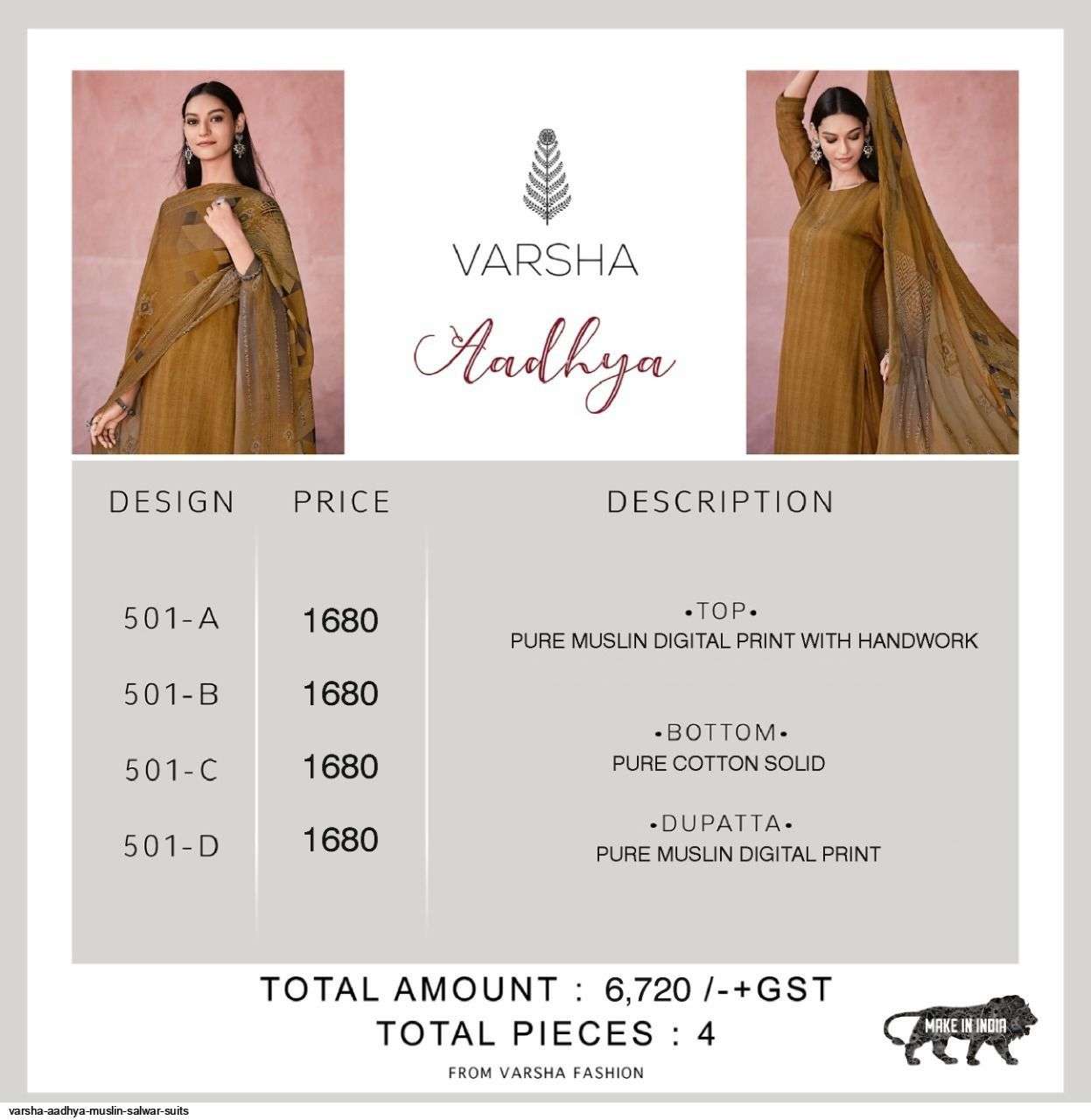 AADHYA BY VARSHA 501-A TO 501-D SERIES BEAUTIFUL SUITS COLORFUL STYLISH FANCY CASUAL WEAR & ETHNIC WEAR PURE MUSLIN DIGITAL PRINT DRESSES AT WHOLESALE PRICE