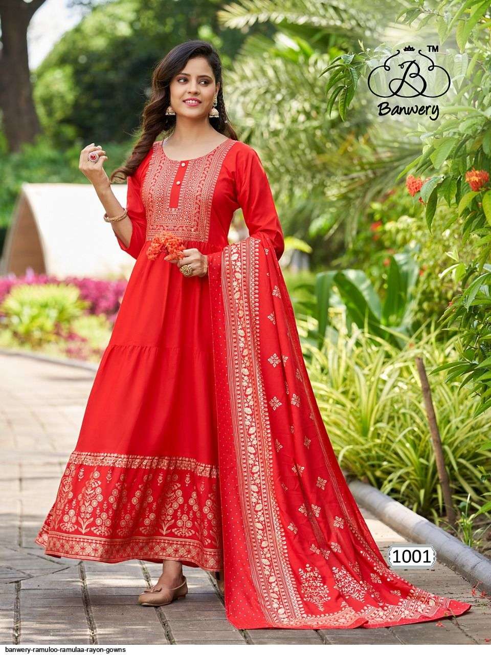 RAMULOO RAMULAA BY BANWERY FASHION 1001 TO 1008 SERIES BEAUTIFUL STYLISH FANCY COLORFUL CASUAL WEAR & ETHNIC WEAR RAYON FOIL PRINT GOWNS WITH DUPATTA AT WHOLESALE PRICE