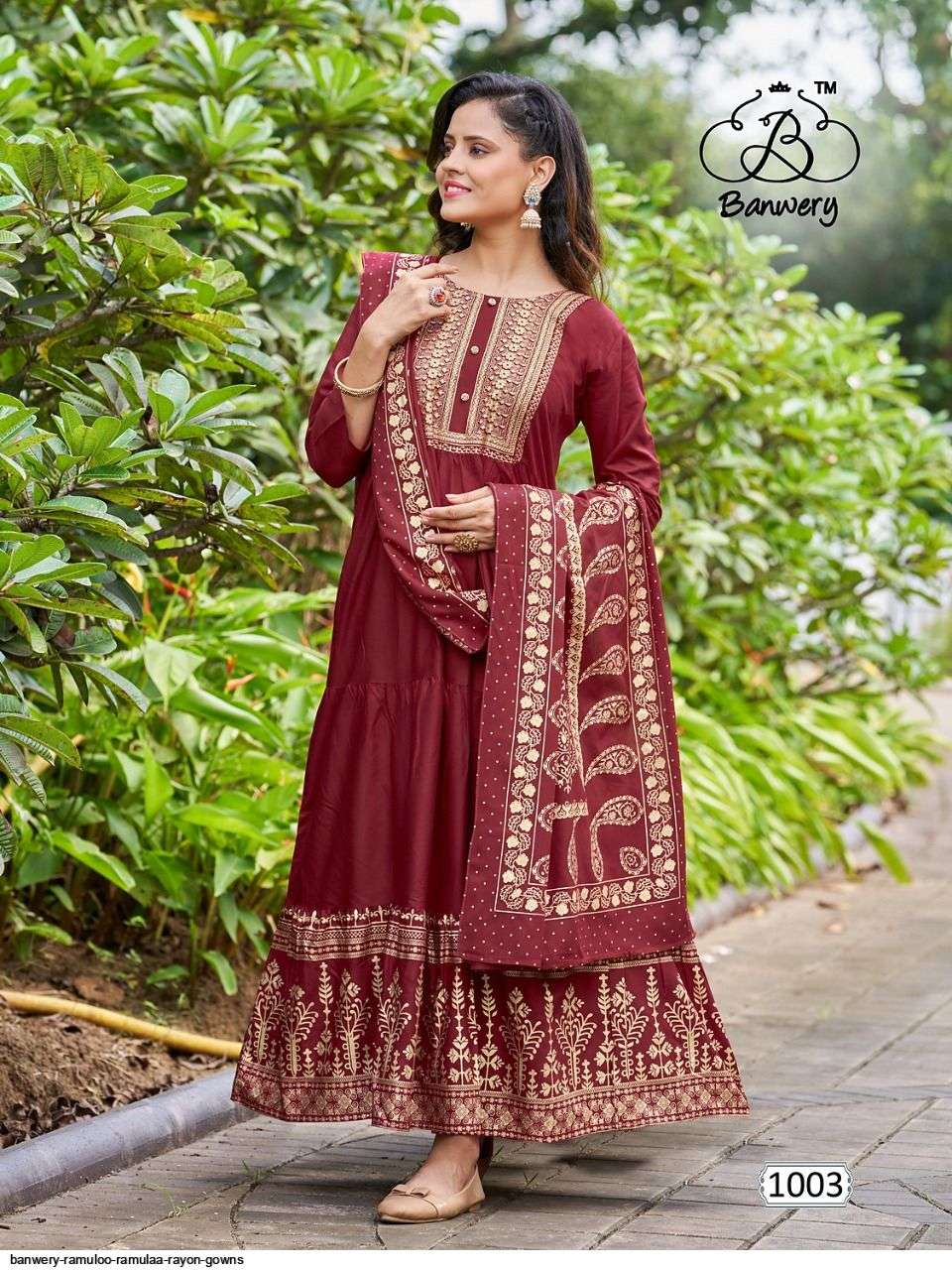RAMULOO RAMULAA BY BANWERY FASHION 1001 TO 1008 SERIES BEAUTIFUL STYLISH FANCY COLORFUL CASUAL WEAR & ETHNIC WEAR RAYON FOIL PRINT GOWNS WITH DUPATTA AT WHOLESALE PRICE