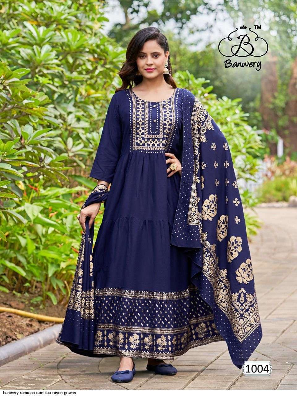 RAMULOO RAMULAA BY BANWERY FASHION 1001 TO 1008 SERIES BEAUTIFUL STYLISH FANCY COLORFUL CASUAL WEAR & ETHNIC WEAR RAYON FOIL PRINT GOWNS WITH DUPATTA AT WHOLESALE PRICE