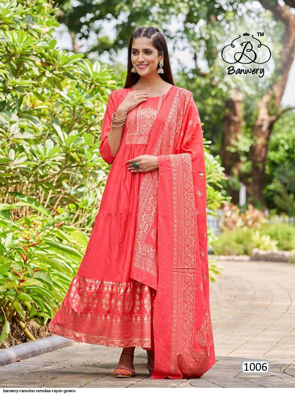 RAMULOO RAMULAA BY BANWERY FASHION 1001 TO 1008 SERIES BEAUTIFUL STYLISH FANCY COLORFUL CASUAL WEAR & ETHNIC WEAR RAYON FOIL PRINT GOWNS WITH DUPATTA AT WHOLESALE PRICE