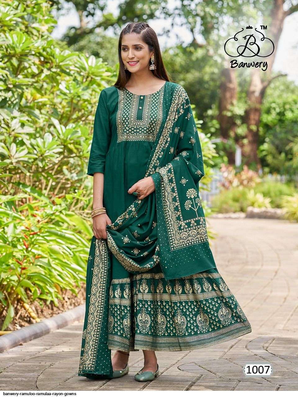 RAMULOO RAMULAA BY BANWERY FASHION 1001 TO 1008 SERIES BEAUTIFUL STYLISH FANCY COLORFUL CASUAL WEAR & ETHNIC WEAR RAYON FOIL PRINT GOWNS WITH DUPATTA AT WHOLESALE PRICE