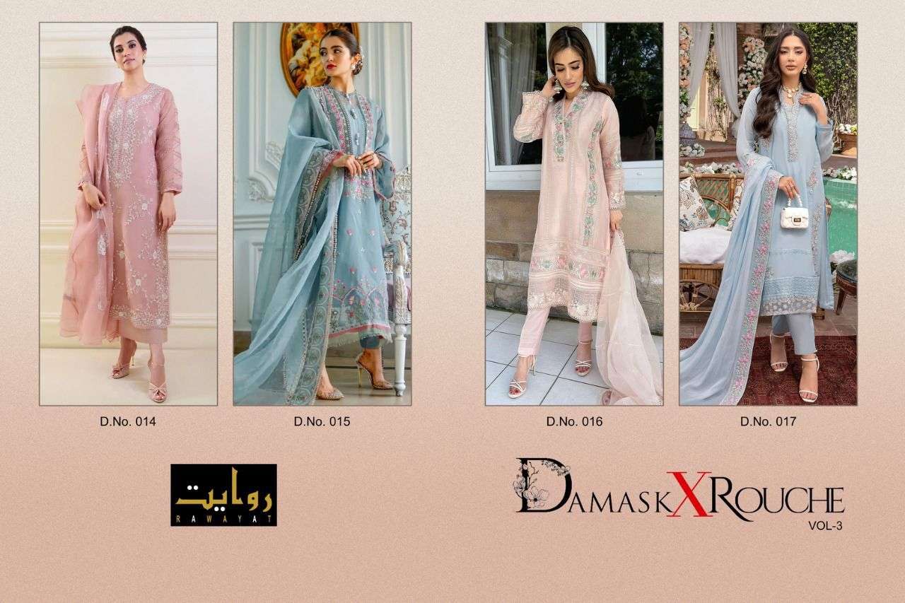 DAMASK X ROUCHE VOL-3 BY RAWAYAT 14 TO 17 SERIES BEAUTIFUL PAKISTANI SUITS COLORFUL STYLISH FANCY CASUAL WEAR & ETHNIC WEAR FAUX GEORGETTE DRESSES AT WHOLESALE PRICE