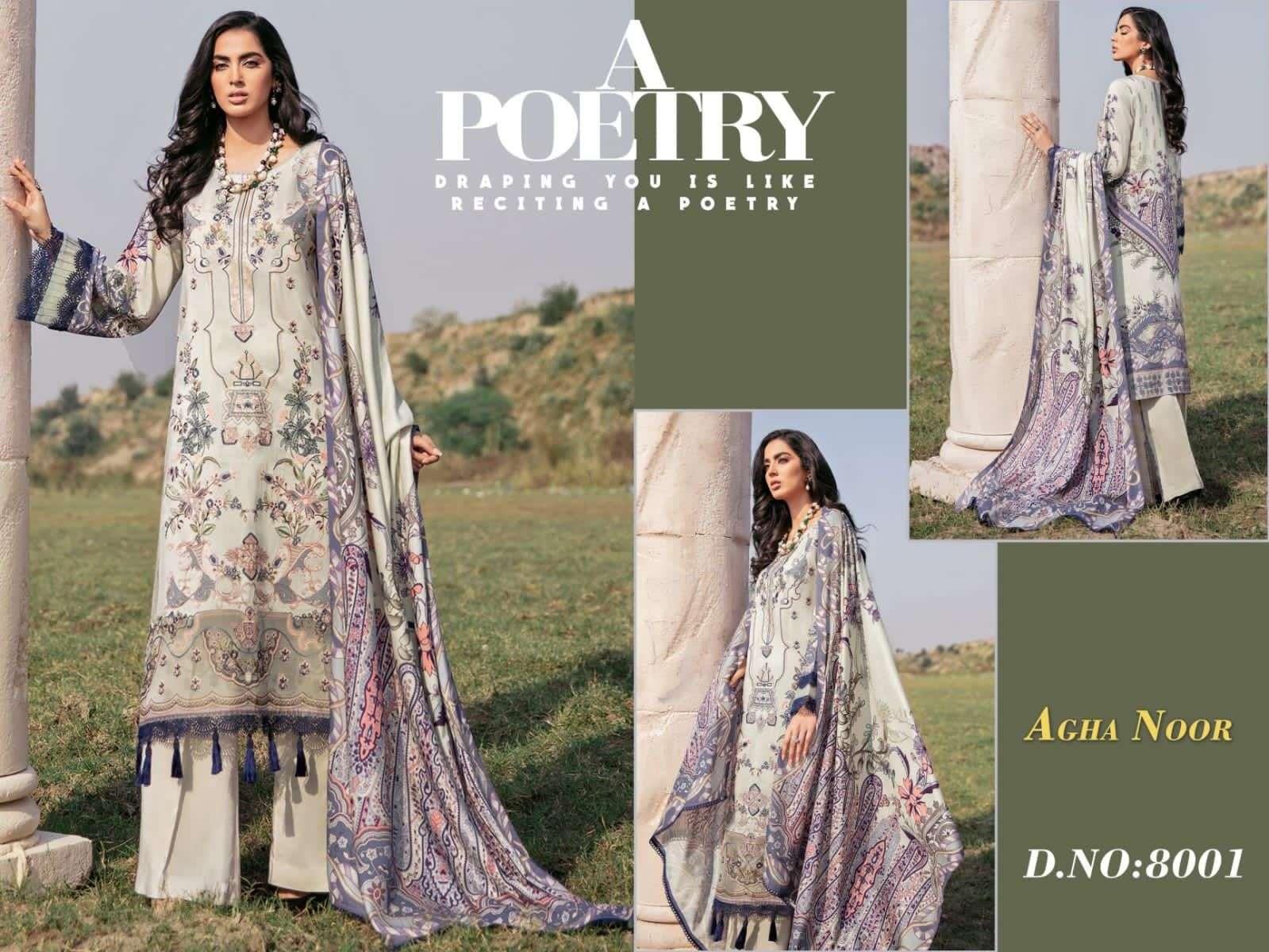 LUXURY LAWN COLLECTION VOL-8 BY AGHA NOOR 1001 TO 1006 SERIES DESIGNER SUITS COLLECTION BEAUTIFUL STYLISH COLORFUL FANCY PARTY WEAR & OCCASIONAL WEAR LAWN COTTON DRESSES AT WHOLESALE PRICE