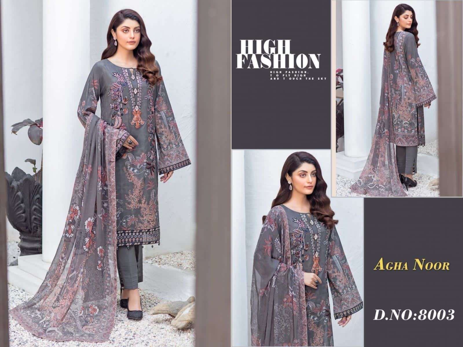 LUXURY LAWN COLLECTION VOL-8 BY AGHA NOOR 1001 TO 1006 SERIES DESIGNER SUITS COLLECTION BEAUTIFUL STYLISH COLORFUL FANCY PARTY WEAR & OCCASIONAL WEAR LAWN COTTON DRESSES AT WHOLESALE PRICE