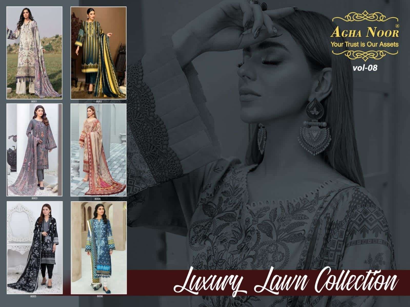 LUXURY LAWN COLLECTION VOL-8 BY AGHA NOOR 1001 TO 1006 SERIES DESIGNER SUITS COLLECTION BEAUTIFUL STYLISH COLORFUL FANCY PARTY WEAR & OCCASIONAL WEAR LAWN COTTON DRESSES AT WHOLESALE PRICE