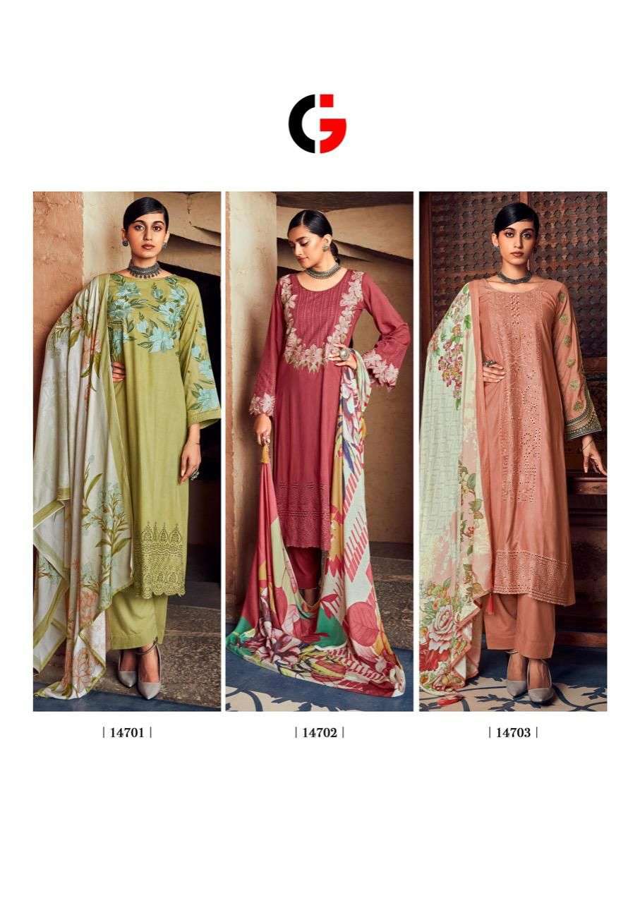 QUEEN COURTS BY GULL JEE 14701 TO 14706 SERIES BEAUTIFUL SUITS COLORFUL STYLISH FANCY CASUAL WEAR & ETHNIC WEAR VISCOSE PASHMINA EMBROIDERED DRESSES AT WHOLESALE PRICE