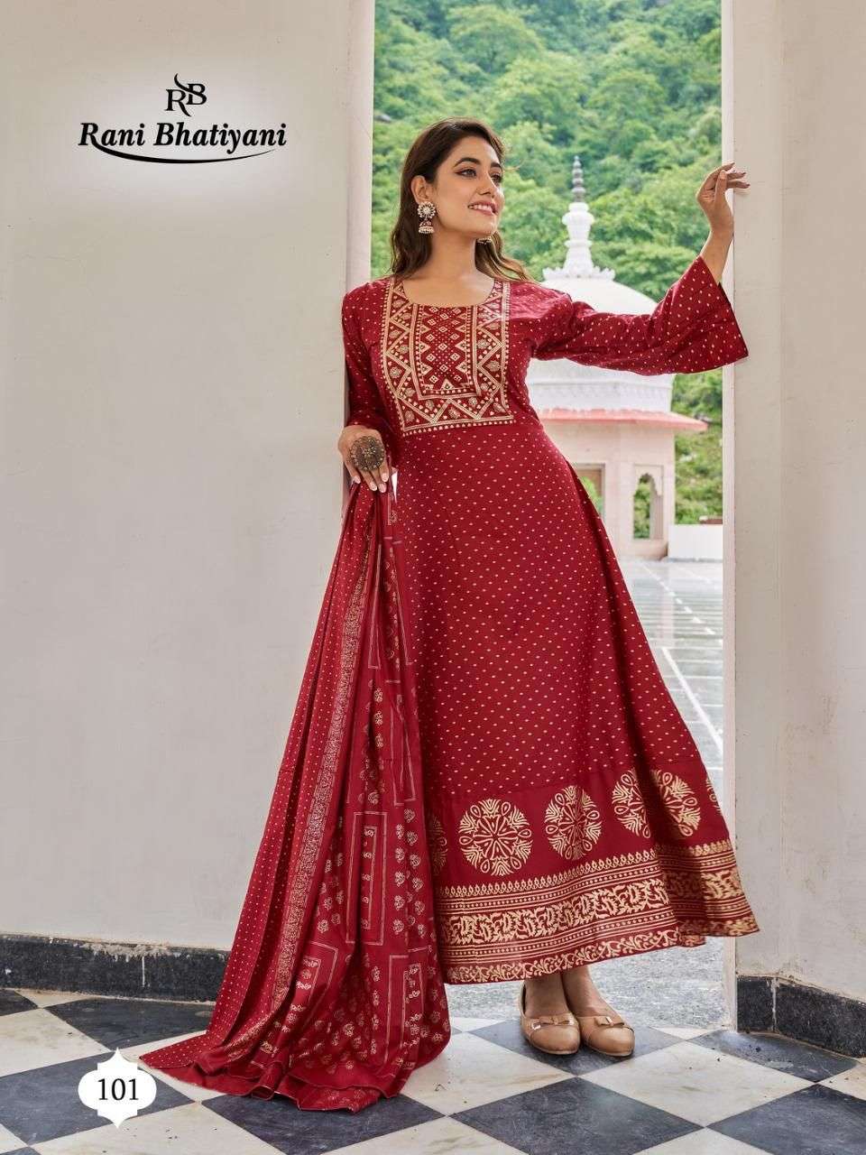 STUDIO BY RANI BHATIYANI 101 TO 108 SERIES BEAUTIFUL STYLISH FANCY COLORFUL CASUAL WEAR & ETHNIC WEAR RAYON FOIL PRINT GOWNS WITH DUPATTA AT WHOLESALE PRICE