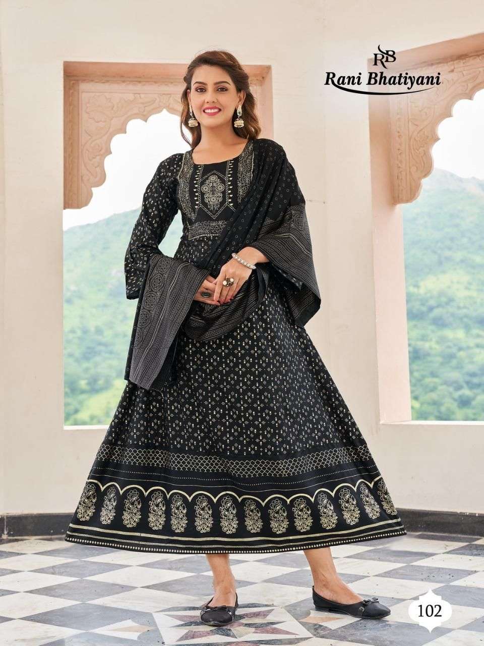 STUDIO BY RANI BHATIYANI 101 TO 108 SERIES BEAUTIFUL STYLISH FANCY COLORFUL CASUAL WEAR & ETHNIC WEAR RAYON FOIL PRINT GOWNS WITH DUPATTA AT WHOLESALE PRICE