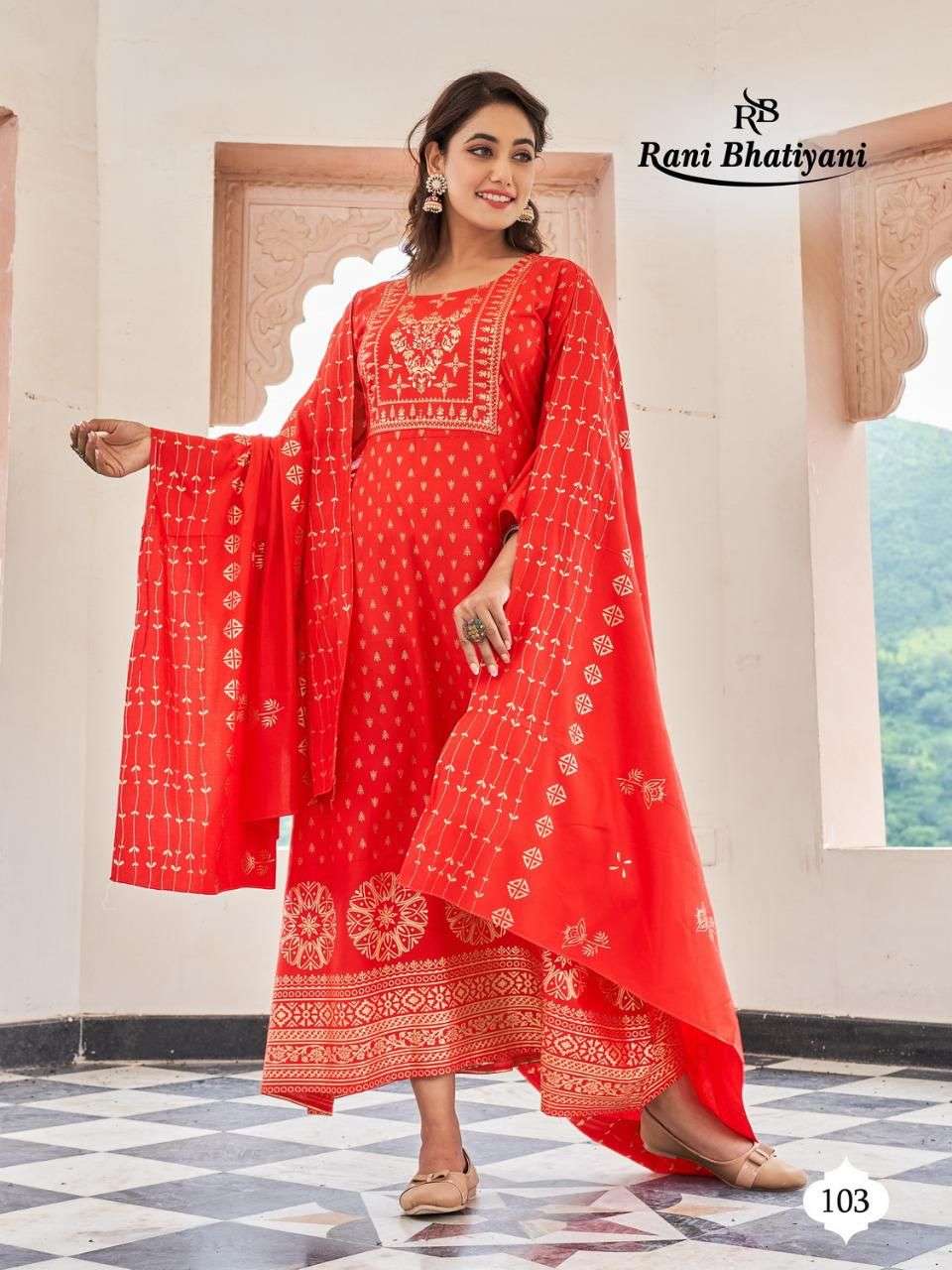 STUDIO BY RANI BHATIYANI 101 TO 108 SERIES BEAUTIFUL STYLISH FANCY COLORFUL CASUAL WEAR & ETHNIC WEAR RAYON FOIL PRINT GOWNS WITH DUPATTA AT WHOLESALE PRICE