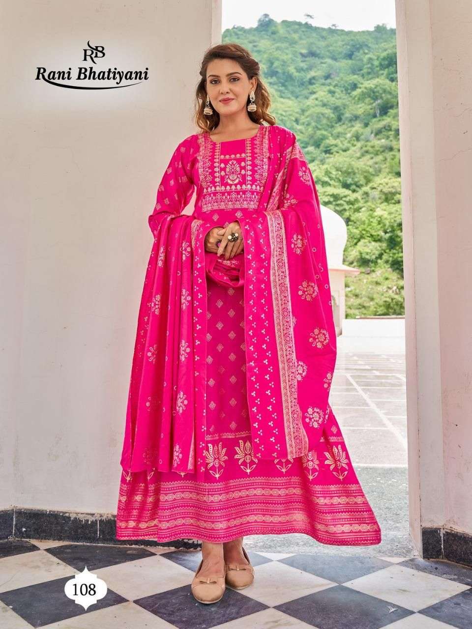 STUDIO BY RANI BHATIYANI 101 TO 108 SERIES BEAUTIFUL STYLISH FANCY COLORFUL CASUAL WEAR & ETHNIC WEAR RAYON FOIL PRINT GOWNS WITH DUPATTA AT WHOLESALE PRICE