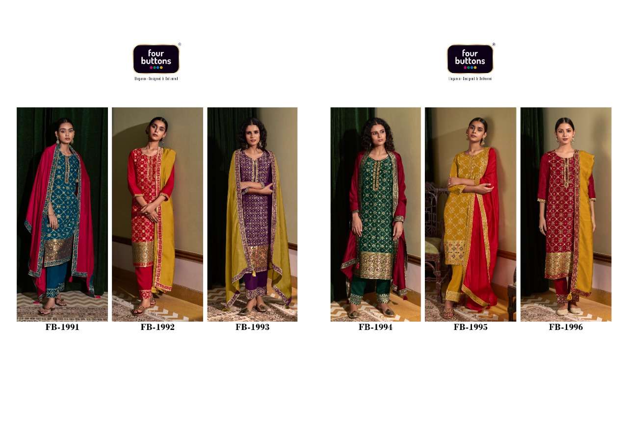 BANARAS VOL-2 BY FOUR BUTTONS 1991 TO 1996 SERIES BEAUTIFUL SUITS COLORFUL STYLISH FANCY CASUAL WEAR & ETHNIC WEAR PURE DOLA SILK DRESSES AT WHOLESALE PRICE