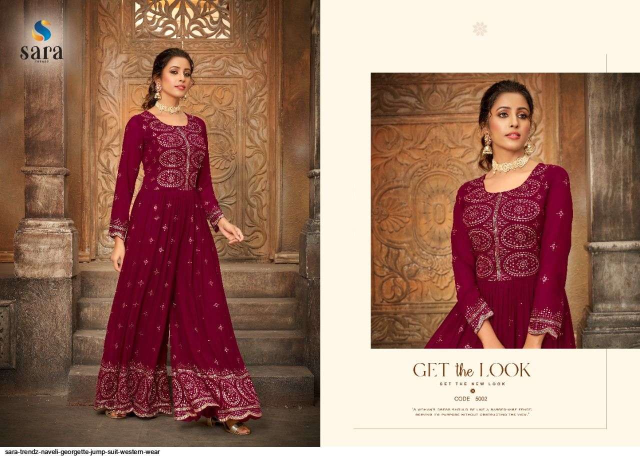 NAVELI BY SARA TRENDZ 5001 TO 5004 SERIES DESIGNER STYLISH FANCY COLORFUL BEAUTIFUL PARTY WEAR & ETHNIC WEAR COLLECTION GEORGETTE JUMPSUIT AT WHOLESALE PRICE