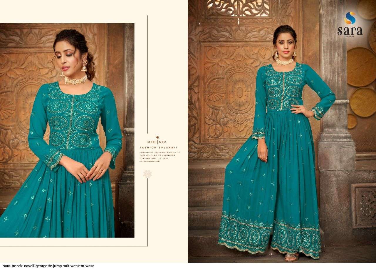 NAVELI BY SARA TRENDZ 5001 TO 5004 SERIES DESIGNER STYLISH FANCY COLORFUL BEAUTIFUL PARTY WEAR & ETHNIC WEAR COLLECTION GEORGETTE JUMPSUIT AT WHOLESALE PRICE