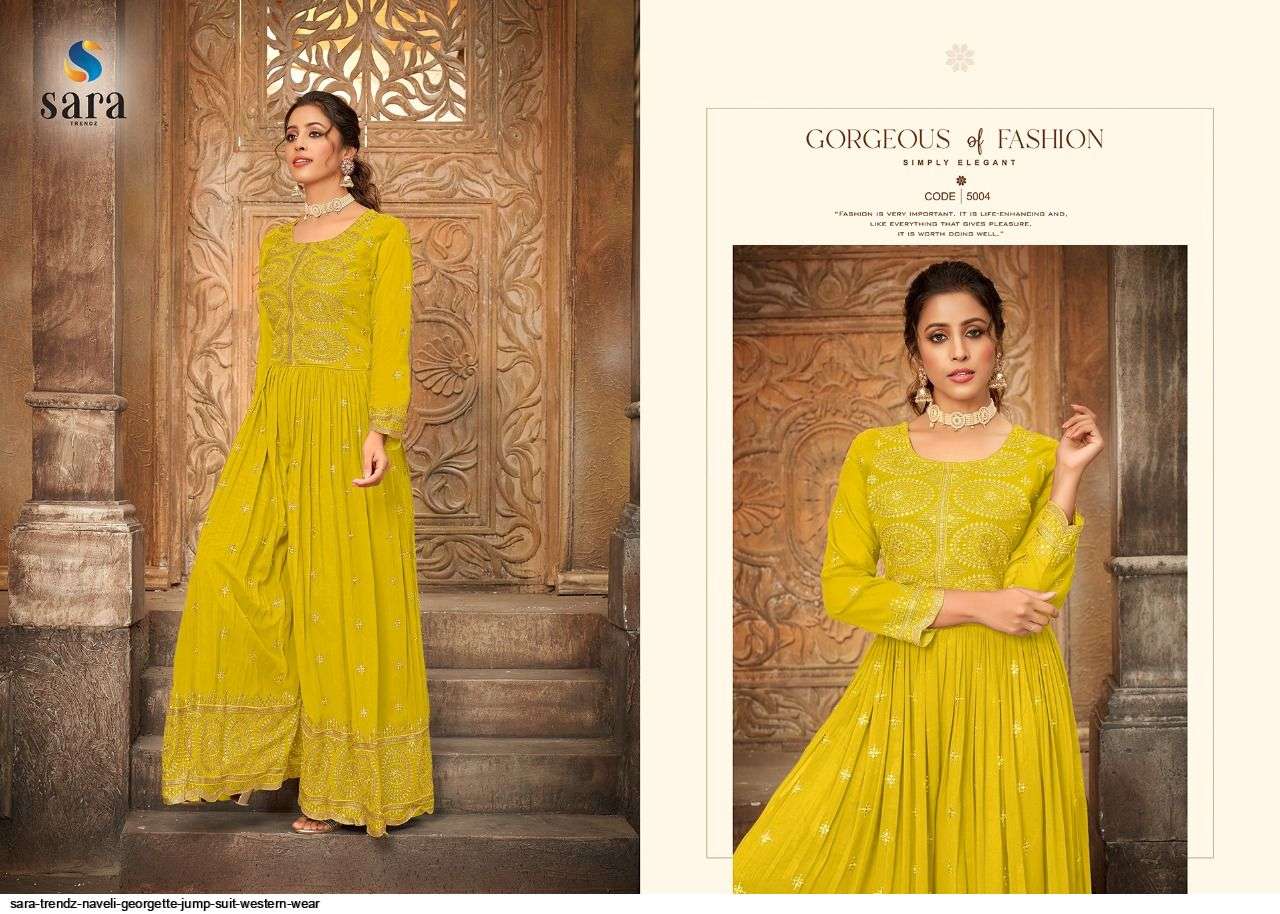 NAVELI BY SARA TRENDZ 5001 TO 5004 SERIES DESIGNER STYLISH FANCY COLORFUL BEAUTIFUL PARTY WEAR & ETHNIC WEAR COLLECTION GEORGETTE JUMPSUIT AT WHOLESALE PRICE