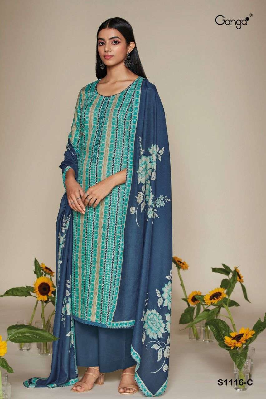 KEYA-1116 BY GANGA FASHION 1116-A TO 1116-D SERIES BEAUTIFUL SUITS COLORFUL STYLISH FANCY CASUAL WEAR & ETHNIC WEAR PURE PASHMINA PRINT DRESSES AT WHOLESALE PRICE