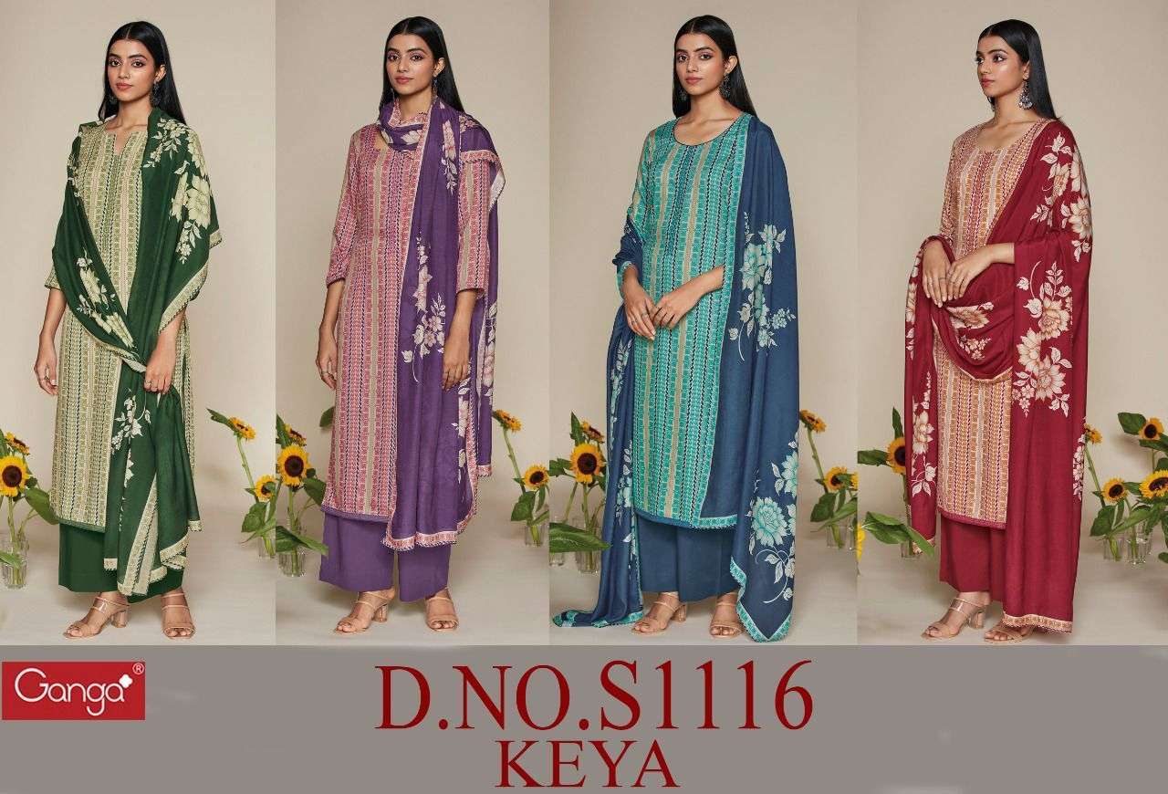 KEYA-1116 BY GANGA FASHION 1116-A TO 1116-D SERIES BEAUTIFUL SUITS COLORFUL STYLISH FANCY CASUAL WEAR & ETHNIC WEAR PURE PASHMINA PRINT DRESSES AT WHOLESALE PRICE