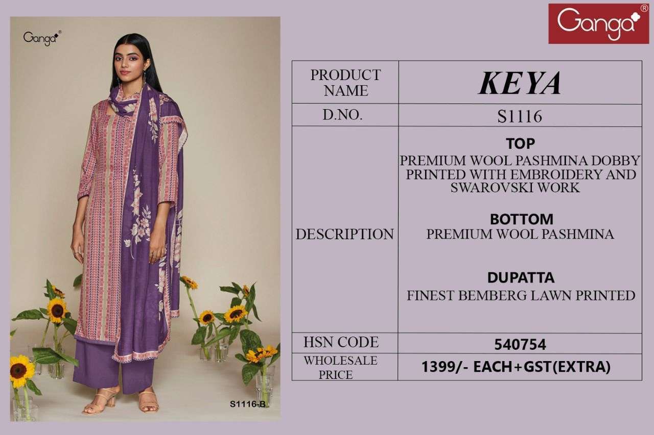 KEYA-1116 BY GANGA FASHION 1116-A TO 1116-D SERIES BEAUTIFUL SUITS COLORFUL STYLISH FANCY CASUAL WEAR & ETHNIC WEAR PURE PASHMINA PRINT DRESSES AT WHOLESALE PRICE