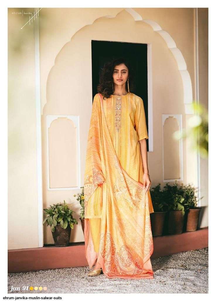 JANVIKA BY EHRUM 91 TO 93 SERIES BEAUTIFUL SUITS COLORFUL STYLISH FANCY CASUAL WEAR & ETHNIC WEAR PURE MUSLIN PRINT DRESSES AT WHOLESALE PRICE