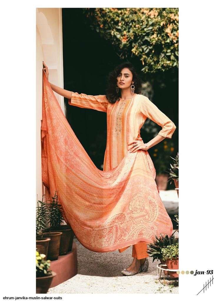 JANVIKA BY EHRUM 91 TO 93 SERIES BEAUTIFUL SUITS COLORFUL STYLISH FANCY CASUAL WEAR & ETHNIC WEAR PURE MUSLIN PRINT DRESSES AT WHOLESALE PRICE