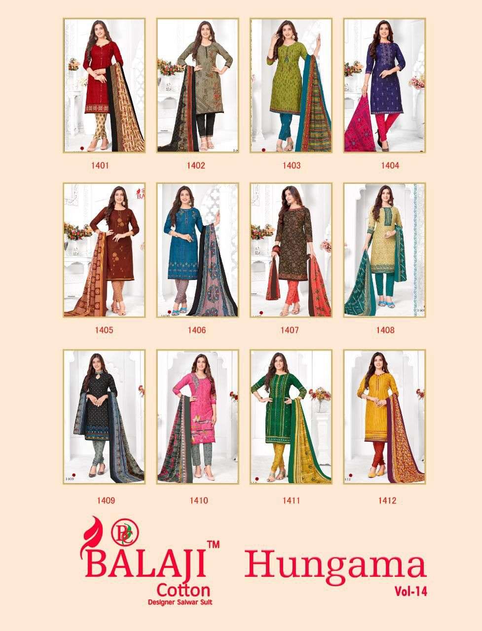 Hungama Vol-14 By Balaji Cotton 1401 To 1412 Series Suits Beautiful Fancy Colorful Stylish Party Wear & Occasional Wear Cotton Dresses At Wholesale Price