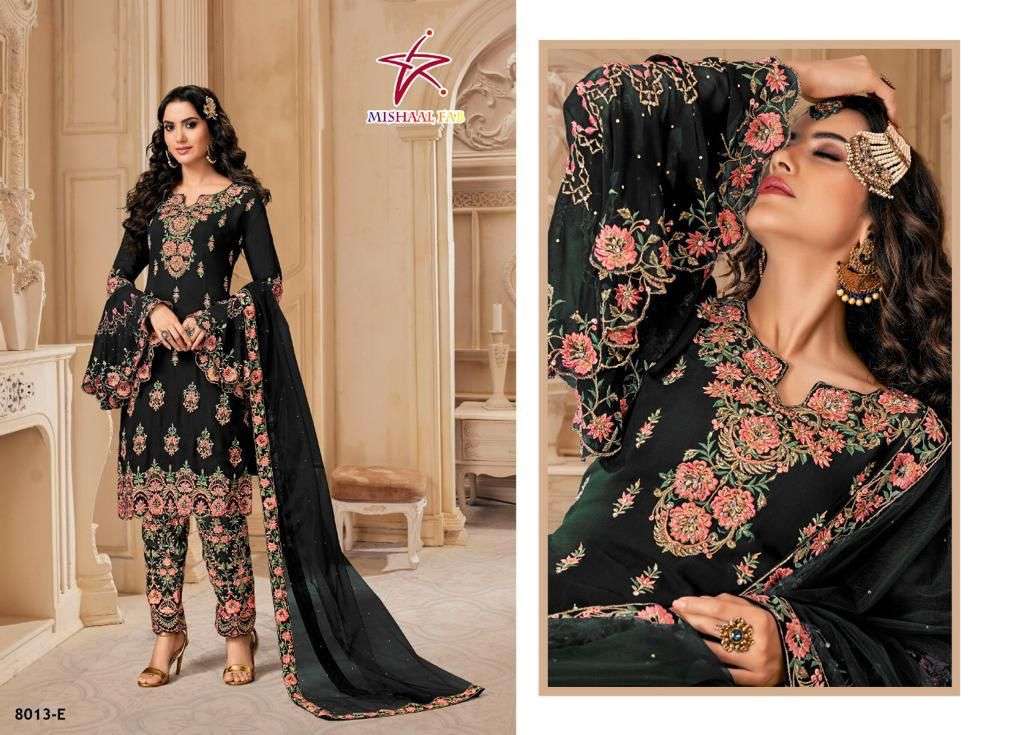 MISHAAL 8013 COLOURS NX BY MISHAAL FAB 8013-E TO 8013-F SERIES BEAUTIFUL PAKISTANI SUITS STYLISH COLORFUL FANCY CASUAL WEAR & ETHNIC WEAR HEAVY GEORGETTE EMBROIDERED DRESSES AT WHOLESALE PRICE