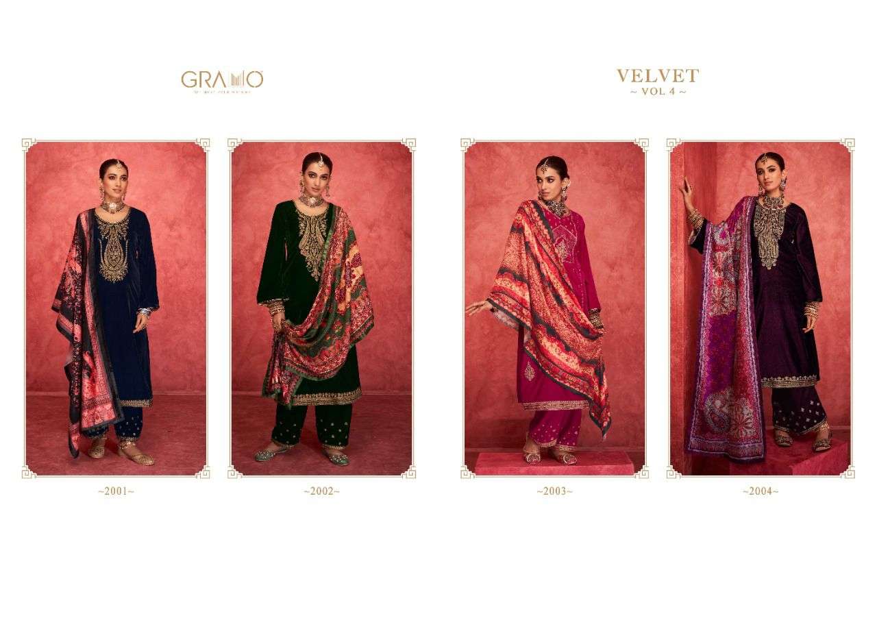 VELVET VOL-4 BY GRAMO 2001 TO 2004 SERIES BEAUTIFUL SUITS STYLISH COLORFUL FANCY CASUAL WEAR & ETHNIC WEAR VELVET EMBROIDERED DRESSES AT WHOLESALE PRICE