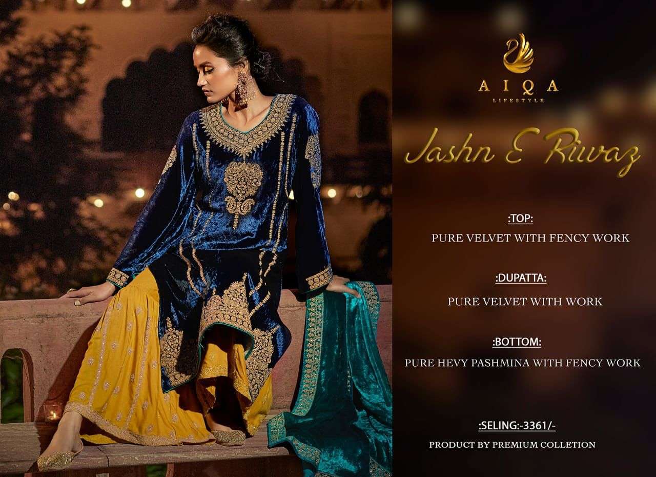 JASHN E RIWAZ BY AIQA 1001 TO 1006 SERIES BEAUTIFUL SUITS COLORFUL STYLISH FANCY CASUAL WEAR & ETHNIC WEAR PURE VELVET DRESSES AT WHOLESALE PRICE