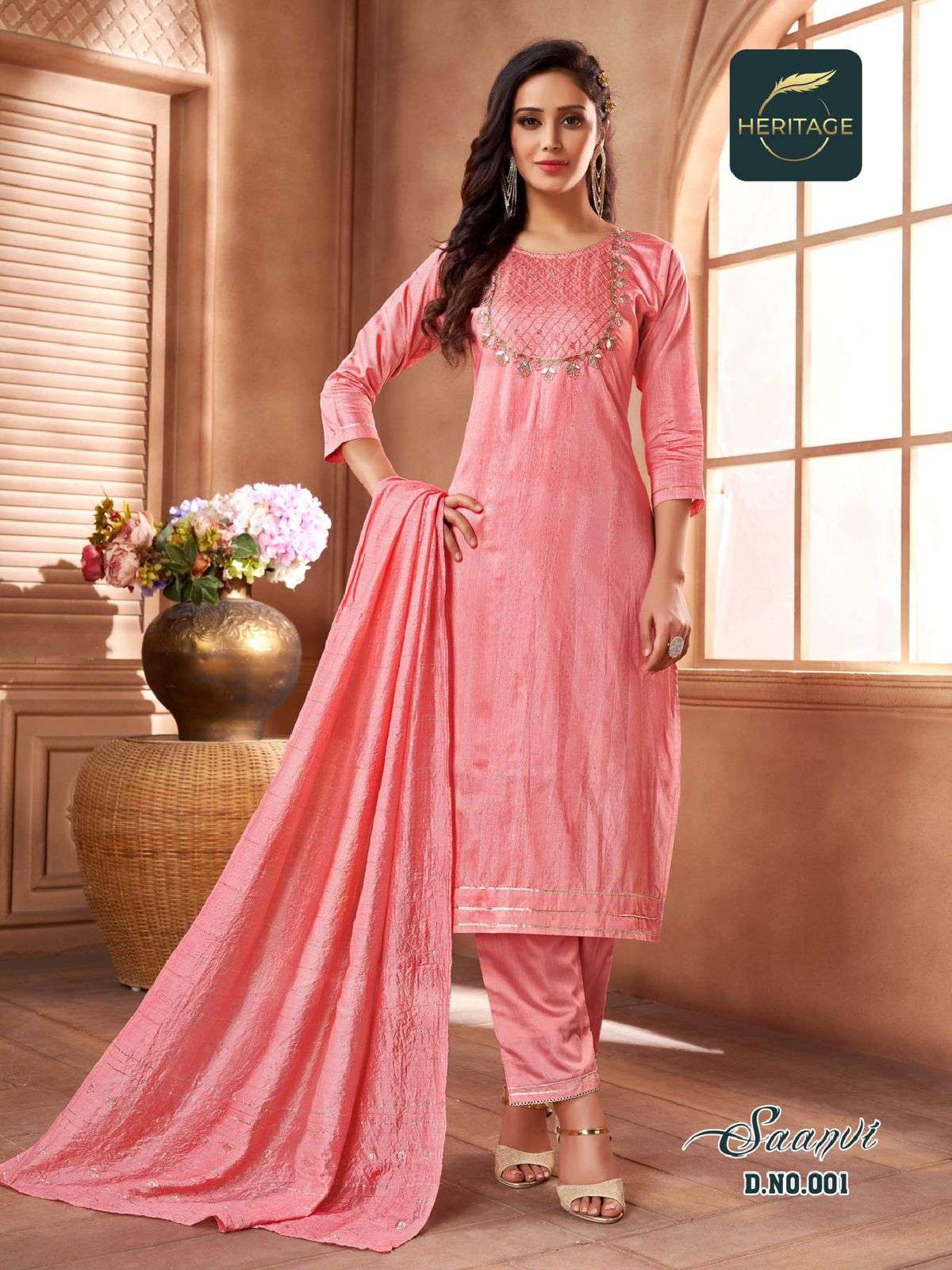 SAANVI BY HERITAGE 001 TO 005 SERIES STYLISH BEAUTIFUL COLOURFUL PRINTED & EMBROIDERED PARTY WEAR & OCCASIONAL WEAR CHANDERI SILK DRESSES AT WHOLESALE PRICE