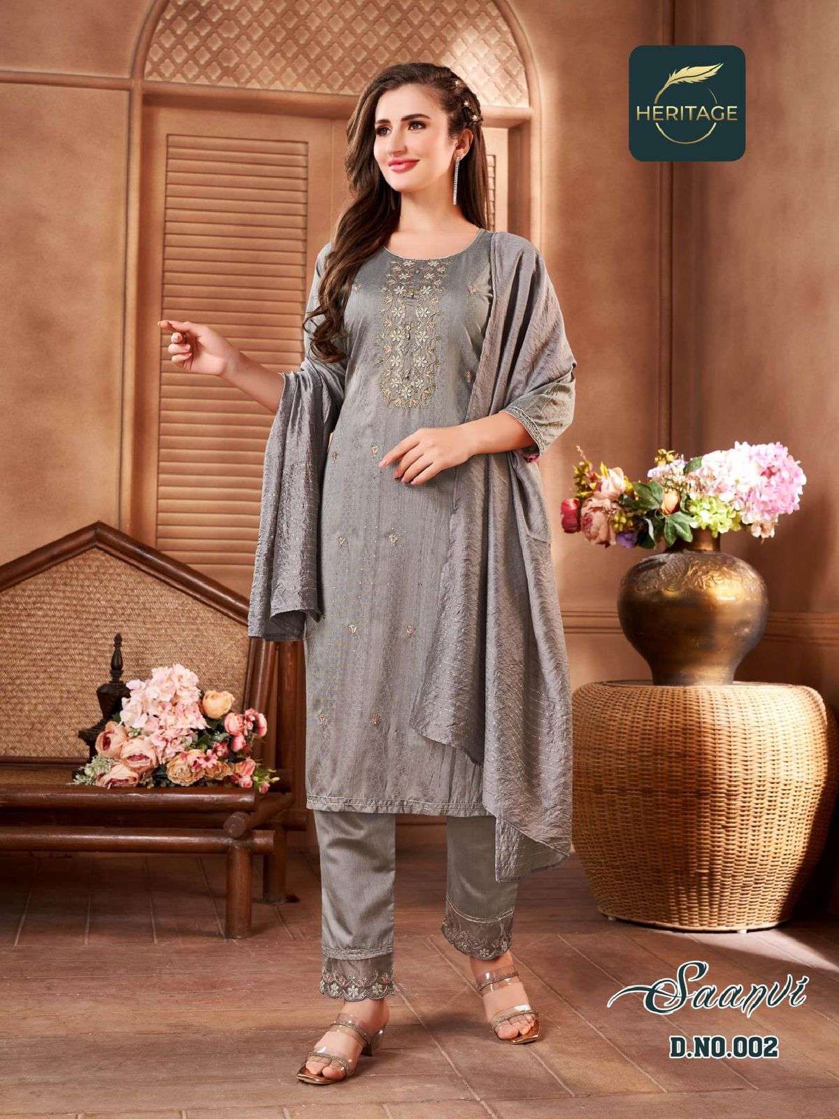 SAANVI BY HERITAGE 001 TO 005 SERIES STYLISH BEAUTIFUL COLOURFUL PRINTED & EMBROIDERED PARTY WEAR & OCCASIONAL WEAR CHANDERI SILK DRESSES AT WHOLESALE PRICE