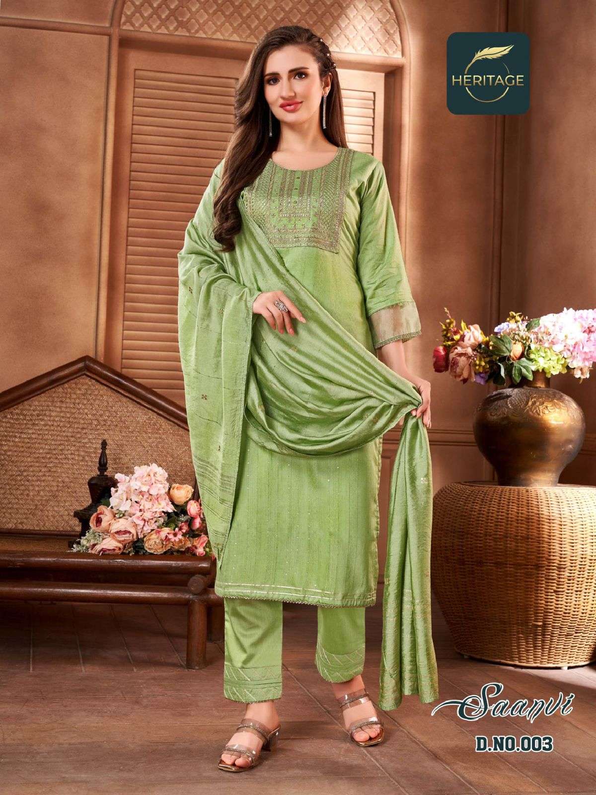 SAANVI BY HERITAGE 001 TO 005 SERIES STYLISH BEAUTIFUL COLOURFUL PRINTED & EMBROIDERED PARTY WEAR & OCCASIONAL WEAR CHANDERI SILK DRESSES AT WHOLESALE PRICE