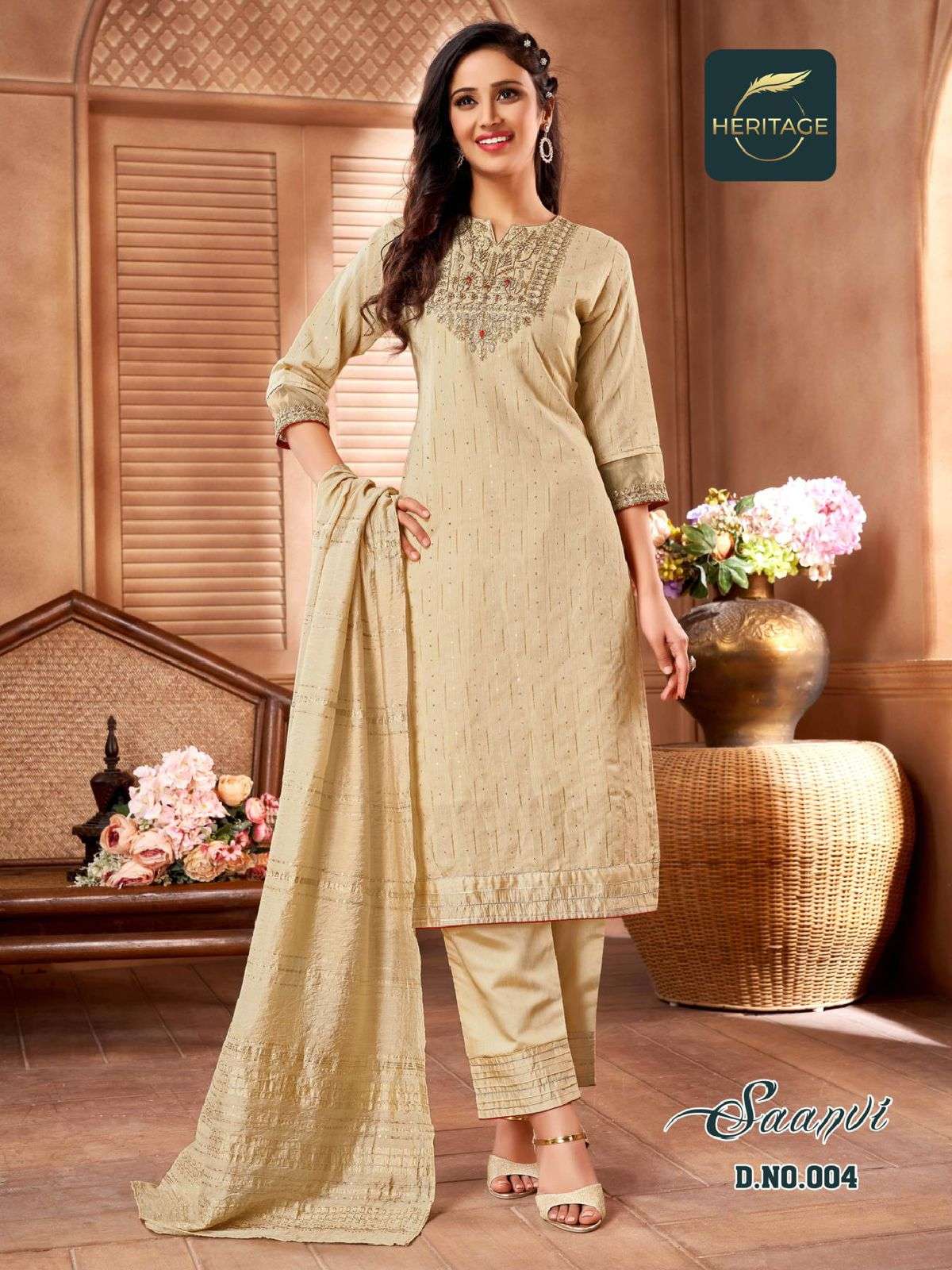 SAANVI BY HERITAGE 001 TO 005 SERIES STYLISH BEAUTIFUL COLOURFUL PRINTED & EMBROIDERED PARTY WEAR & OCCASIONAL WEAR CHANDERI SILK DRESSES AT WHOLESALE PRICE