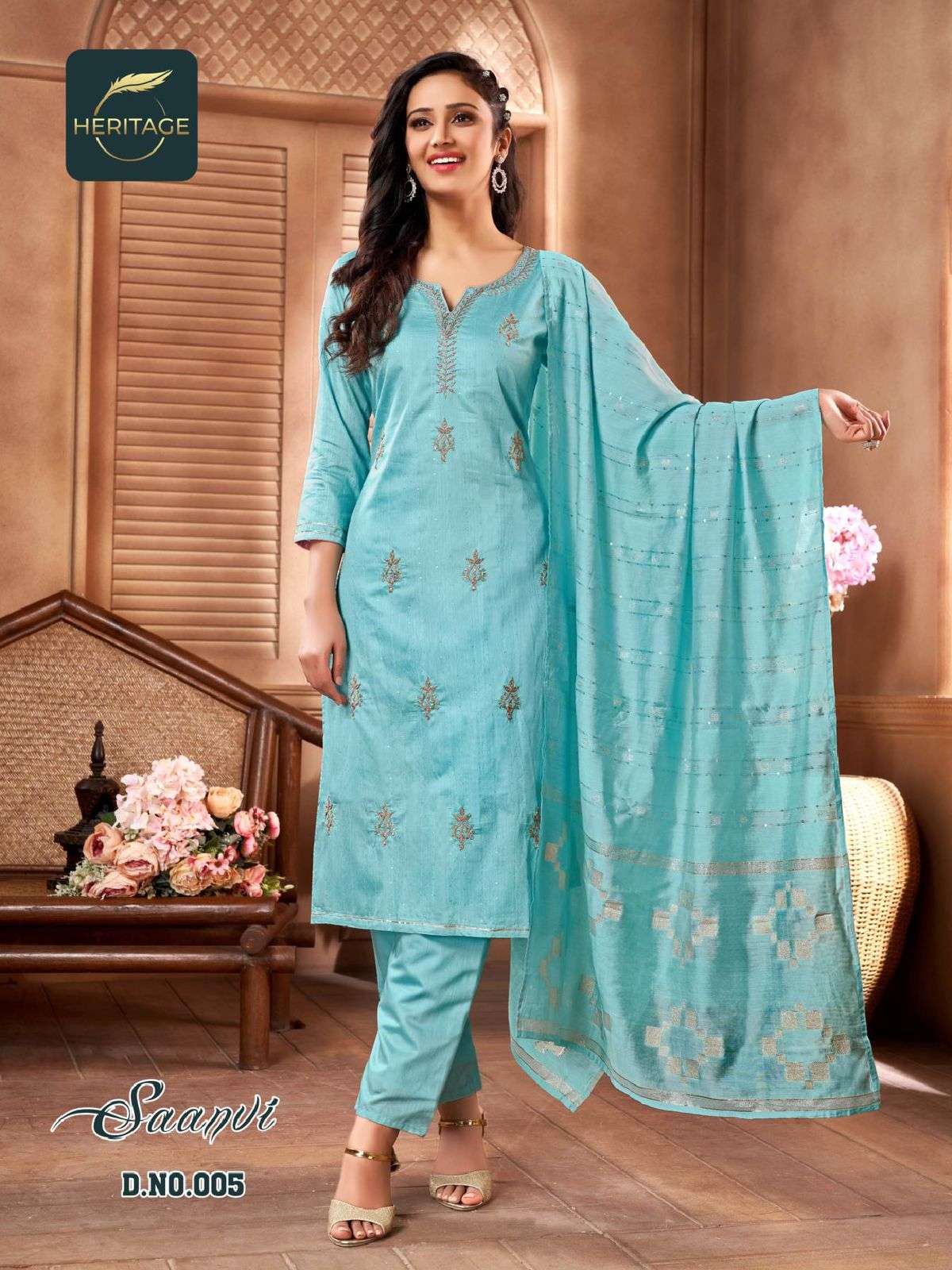 SAANVI BY HERITAGE 001 TO 005 SERIES STYLISH BEAUTIFUL COLOURFUL PRINTED & EMBROIDERED PARTY WEAR & OCCASIONAL WEAR CHANDERI SILK DRESSES AT WHOLESALE PRICE