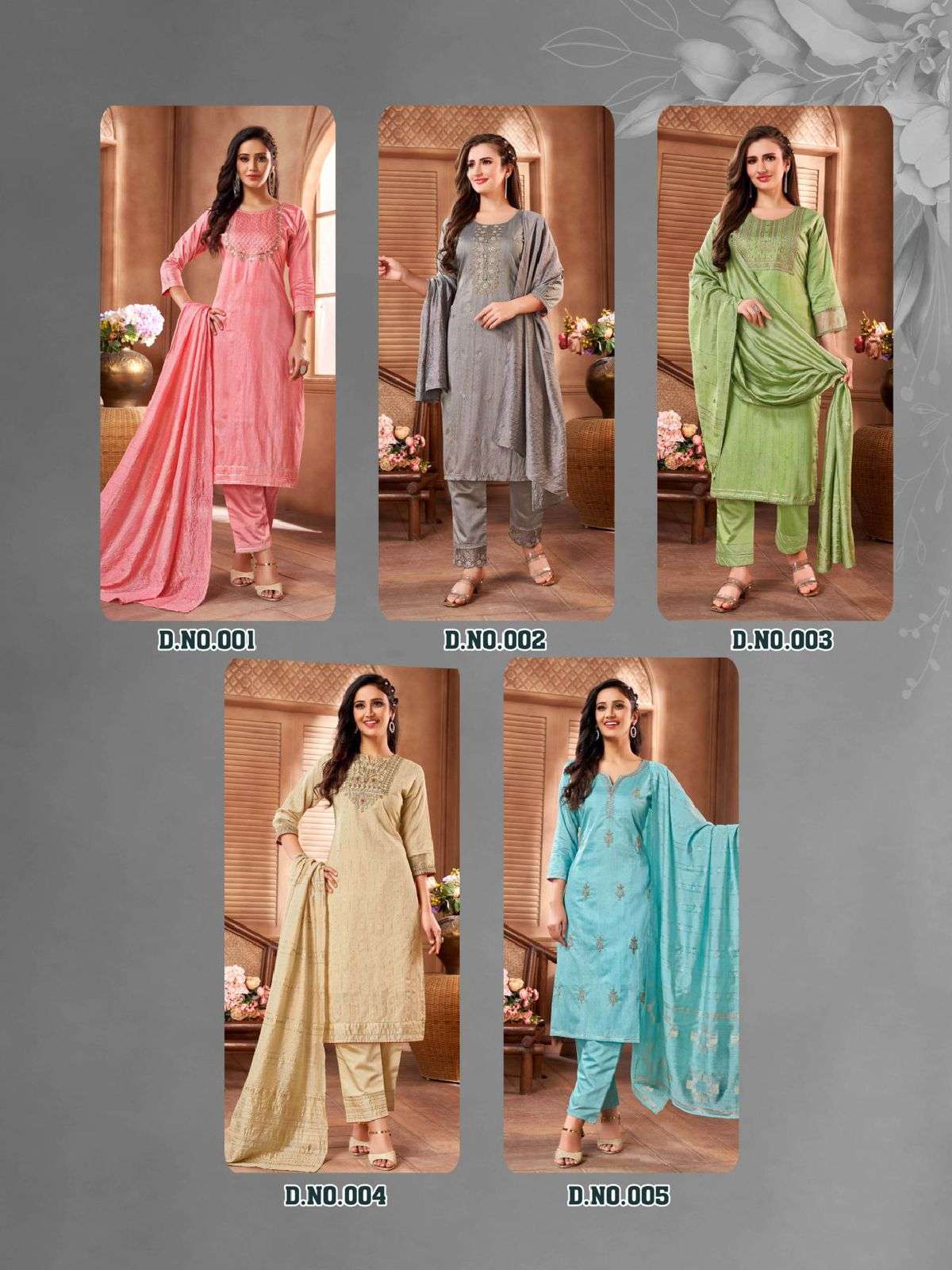 SAANVI BY HERITAGE 001 TO 005 SERIES STYLISH BEAUTIFUL COLOURFUL PRINTED & EMBROIDERED PARTY WEAR & OCCASIONAL WEAR CHANDERI SILK DRESSES AT WHOLESALE PRICE