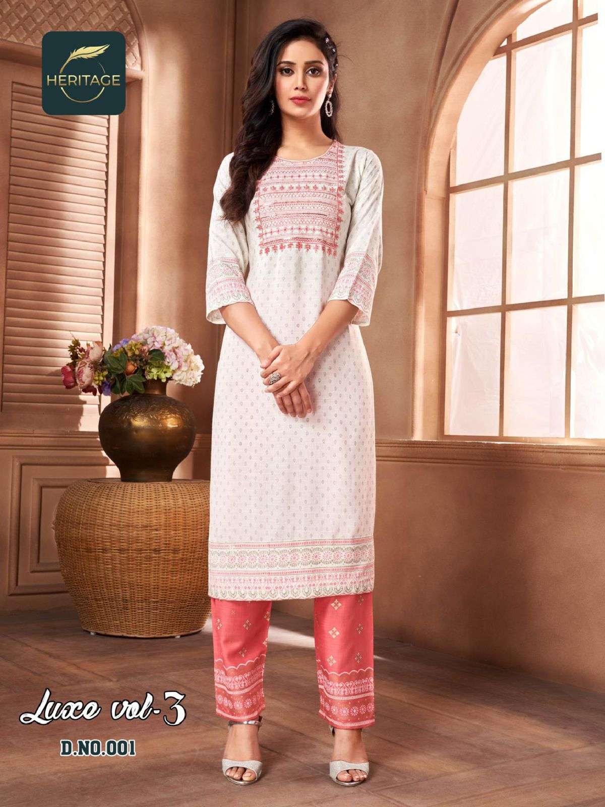 LUXE VOL-3 BY HERITAGE 001 TO 006 SERIES BEAUTIFUL STYLISH FANCY COLORFUL CASUAL WEAR & ETHNIC WEAR RAYON KURTIS WITH PANTS AT WHOLESALE PRICE