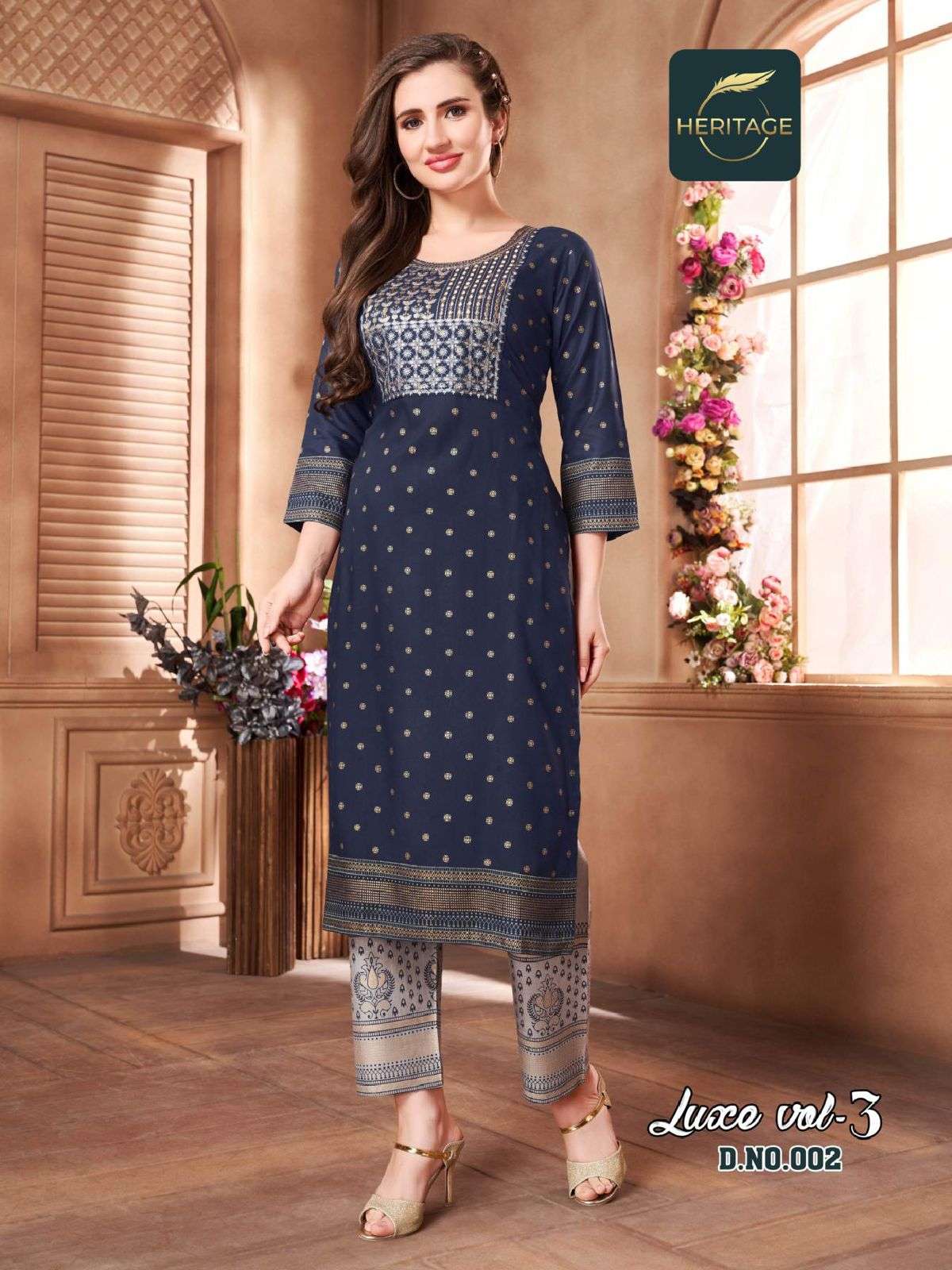 LUXE VOL-3 BY HERITAGE 001 TO 006 SERIES BEAUTIFUL STYLISH FANCY COLORFUL CASUAL WEAR & ETHNIC WEAR RAYON KURTIS WITH PANTS AT WHOLESALE PRICE