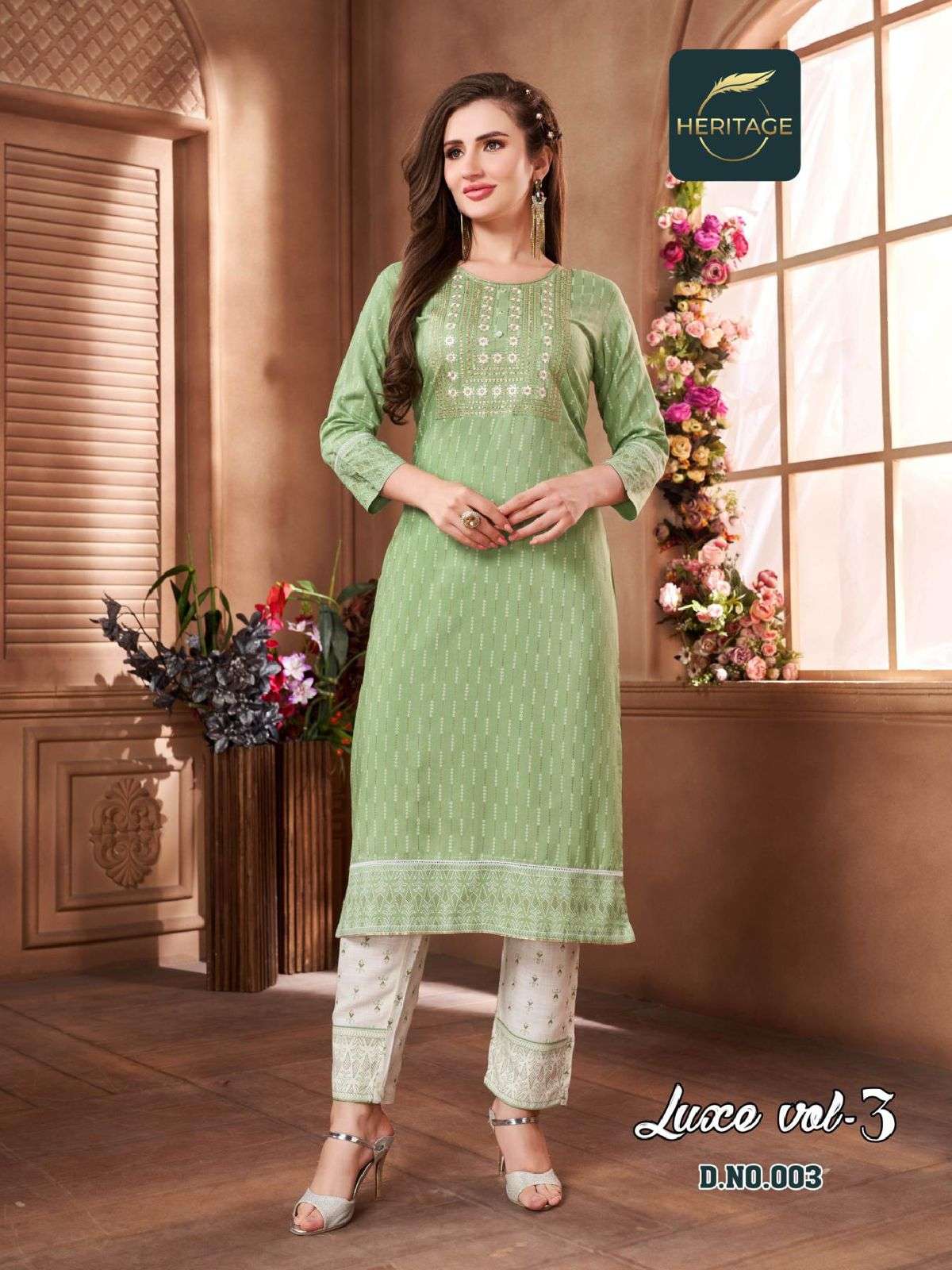 LUXE VOL-3 BY HERITAGE 001 TO 006 SERIES BEAUTIFUL STYLISH FANCY COLORFUL CASUAL WEAR & ETHNIC WEAR RAYON KURTIS WITH PANTS AT WHOLESALE PRICE