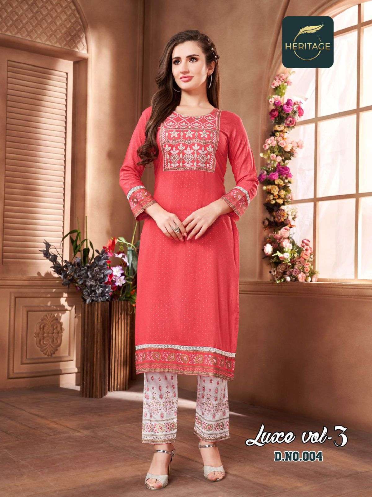 LUXE VOL-3 BY HERITAGE 001 TO 006 SERIES BEAUTIFUL STYLISH FANCY COLORFUL CASUAL WEAR & ETHNIC WEAR RAYON KURTIS WITH PANTS AT WHOLESALE PRICE