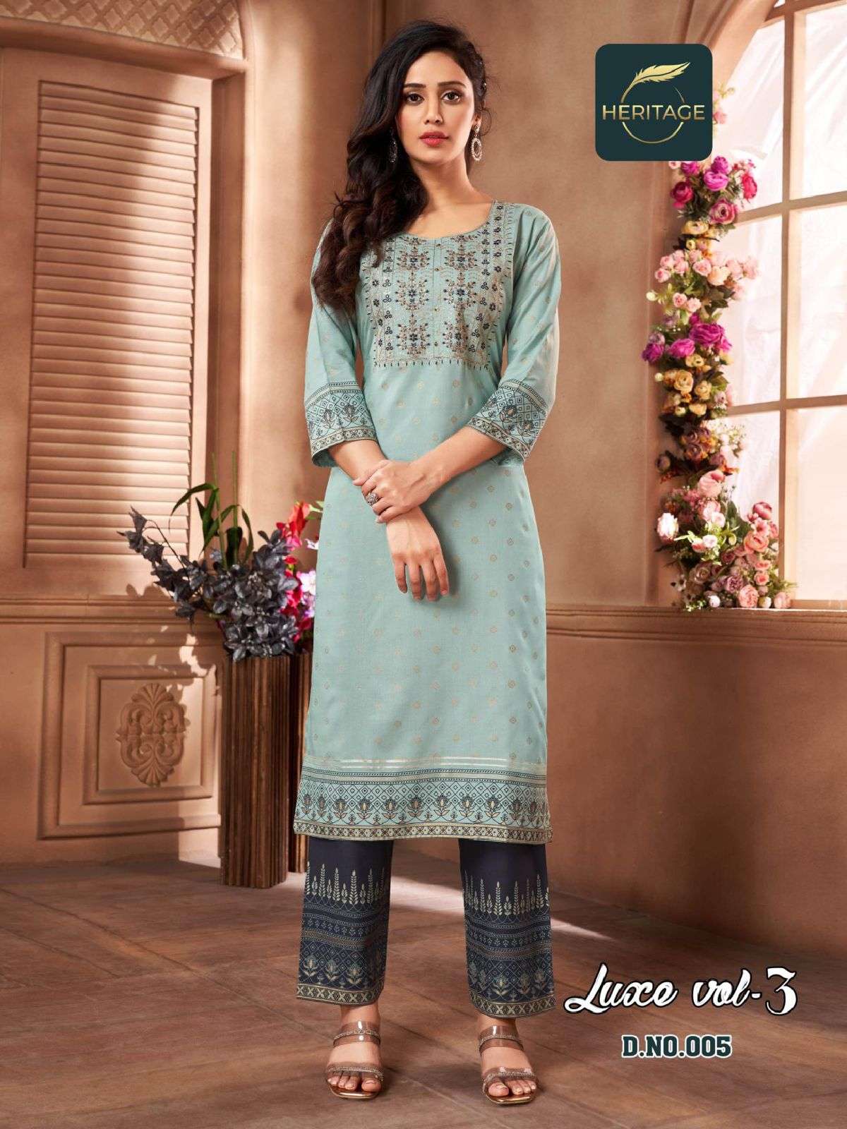 LUXE VOL-3 BY HERITAGE 001 TO 006 SERIES BEAUTIFUL STYLISH FANCY COLORFUL CASUAL WEAR & ETHNIC WEAR RAYON KURTIS WITH PANTS AT WHOLESALE PRICE