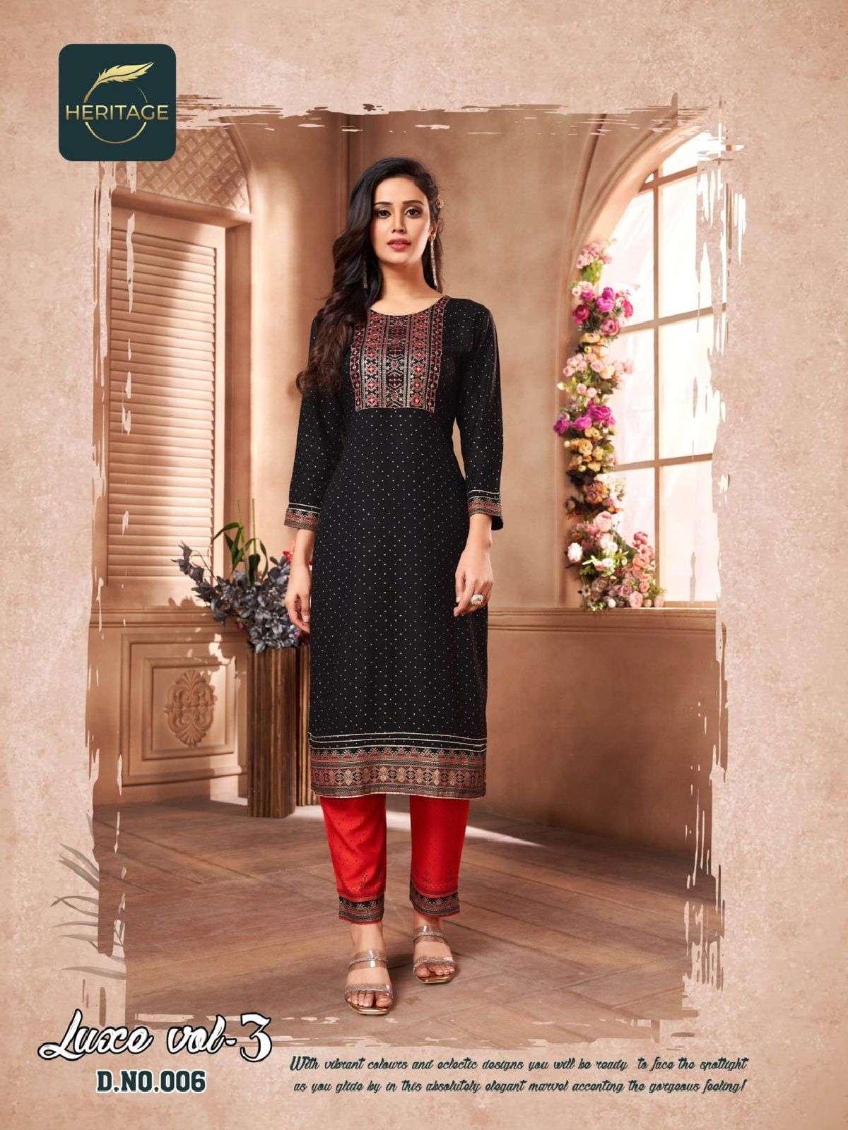 LUXE VOL-3 BY HERITAGE 001 TO 006 SERIES BEAUTIFUL STYLISH FANCY COLORFUL CASUAL WEAR & ETHNIC WEAR RAYON KURTIS WITH PANTS AT WHOLESALE PRICE