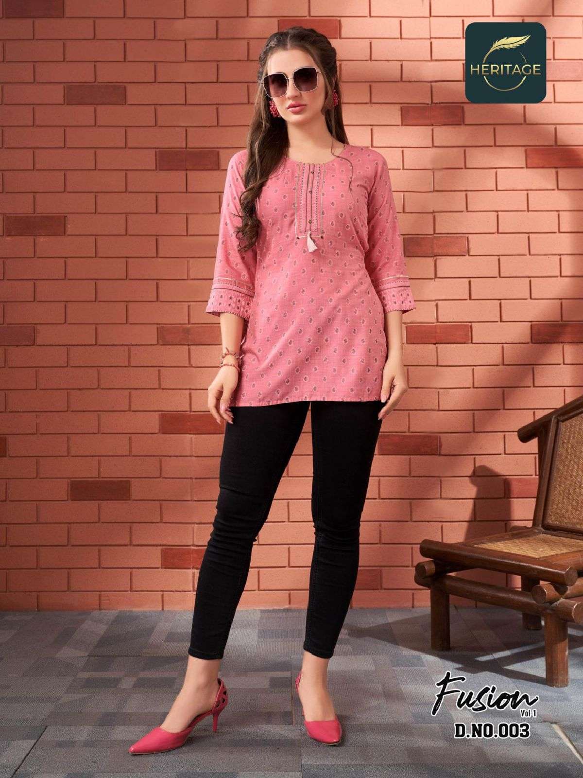 FUSION VOL-1 BY HERITAGE 001 TO 006 SERIES BEAUTIFUL STYLISH FANCY COLORFUL CASUAL WEAR & ETHNIC WEAR RAYON TOPS AT WHOLESALE PRICE