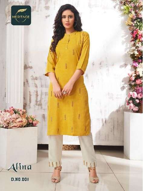 ALINA BY HERITAGE 001 TO 006 SERIES BEAUTIFUL STYLISH FANCY COLORFUL CASUAL WEAR & ETHNIC WEAR RAYON KURTIS WITH BOTTOM AT WHOLESALE PRICE