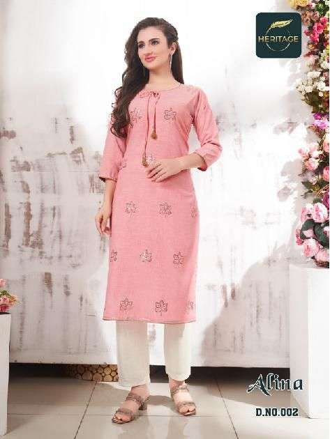 ALINA BY HERITAGE 001 TO 006 SERIES BEAUTIFUL STYLISH FANCY COLORFUL CASUAL WEAR & ETHNIC WEAR RAYON KURTIS WITH BOTTOM AT WHOLESALE PRICE