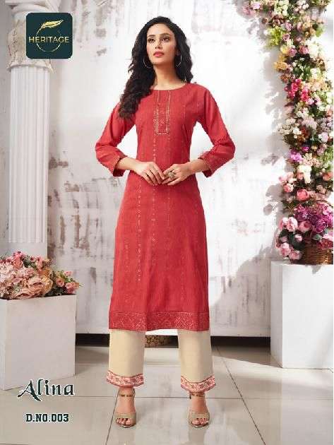 ALINA BY HERITAGE 001 TO 006 SERIES BEAUTIFUL STYLISH FANCY COLORFUL CASUAL WEAR & ETHNIC WEAR RAYON KURTIS WITH BOTTOM AT WHOLESALE PRICE